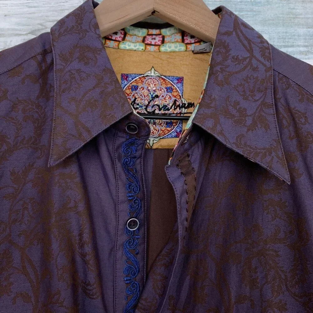 Robert Graham Floral Jacquard Flip Cuff Shirt Purple Silk Embroidered Mens Large